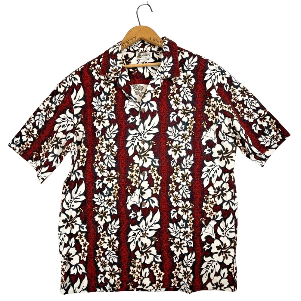 Vintage Aloha Republic Cotton Short Sleeve Hawaiian Tribal Red Classic Mens‎ L